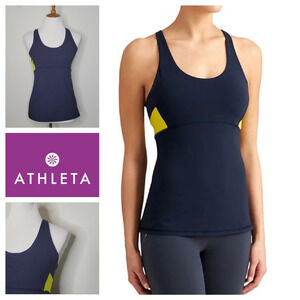 Athleta Start Up Tank Top Navy Neon Yellow UPF 50 Criss Cross Back‎ Size M